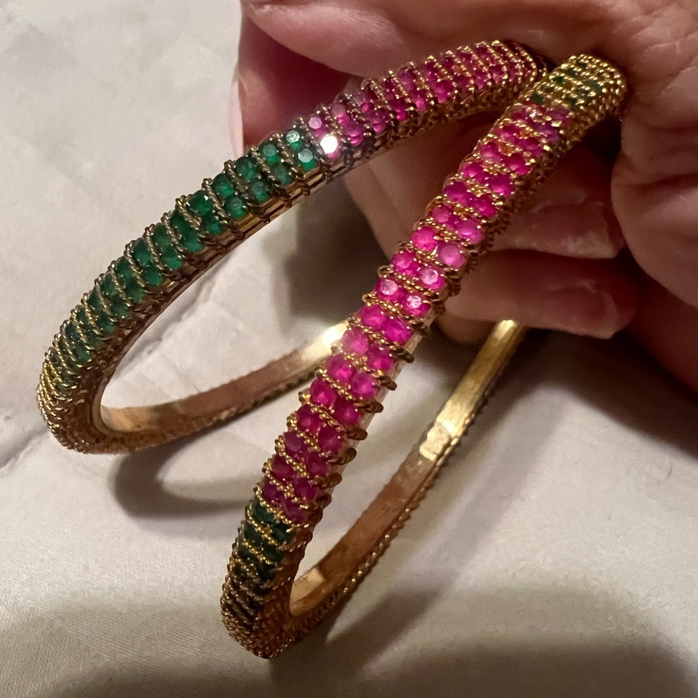 Gold-Tone Women's Bangle Bracelet Set with Pink and Green Stones